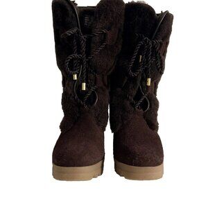 COACH Mandy Shearling Suede Wedge Booties – Size 6.5 – Brown